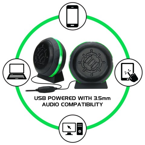 LED Gaming Speakers with In-Line Volume Control & Powerful 5W Drivers - Green
