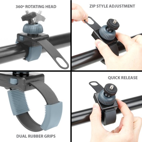 Action Camera Zip Mount with Zip-Tie Style Strap and 360 Degree Rotating Head - Black