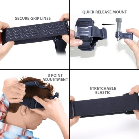 Action Camera Head Strap with Elastic Stretch-Fit Band with J Hook - Head Strap Mount