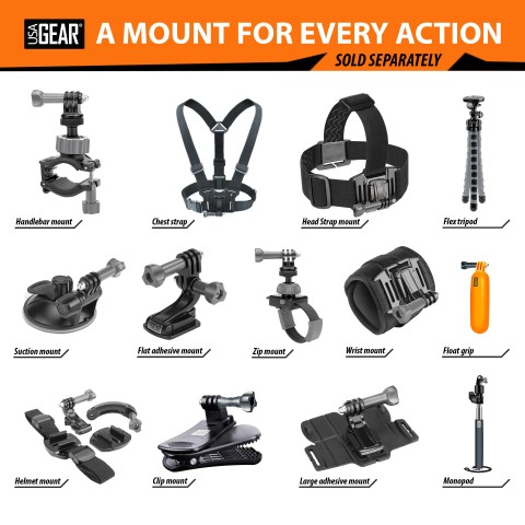 USA Gear Action Camera Helmet Mount with Adjustable Quick-Release Straps - Black