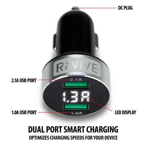 Dual Port Car Charger with USB Output and Vehicle Operating Voltage dsiplay - Black