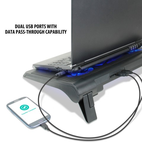 ENHANCE Laptop Cooling Stand with 5 LED Fans & Dual USB Ports for Data Pass through - Blue