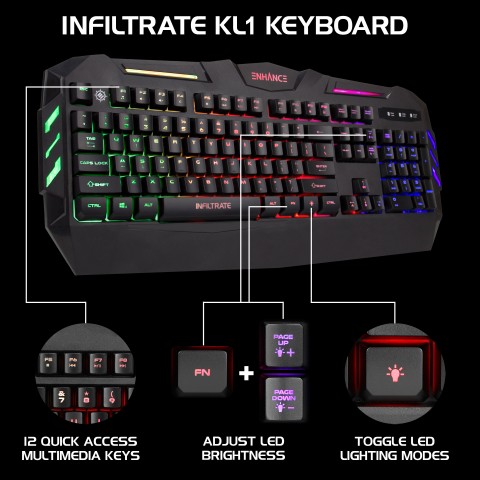 ENHANCE Infiltrate KL1 LED Gaming Keyboard - Multi Color Backlit Keyboard - Black