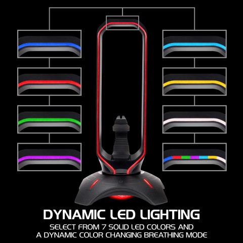 Gaming Headset Stand - LED Headphone Hanger with Mouse Bungee - Black