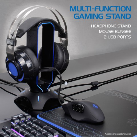 Gaming Headset Stand - LED Headphone Hanger with Mouse Bungee - Black