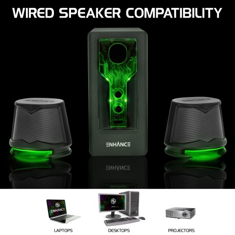 2.1 High Excursion Computer Speakers with Subwoofer - Green LED Gaming Speakers - Green