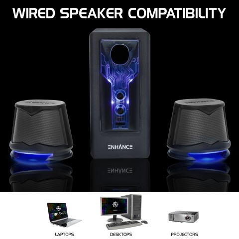 2.1 High Excursion Computer Speakers with Subwoofer - Blue LED Gaming Speakers - Blue