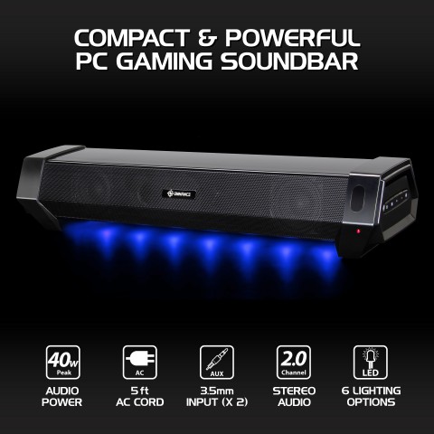 Gaming Speaker Soundbar - Under Monitor PC LED Speaker with 40W Peak Audio Power - Black