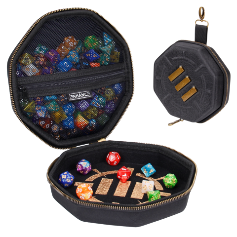 ENHANCE Tabletop Gaming Dice Case and Rolling Tray - Storage for up to 150 Dice - Black and Bronze