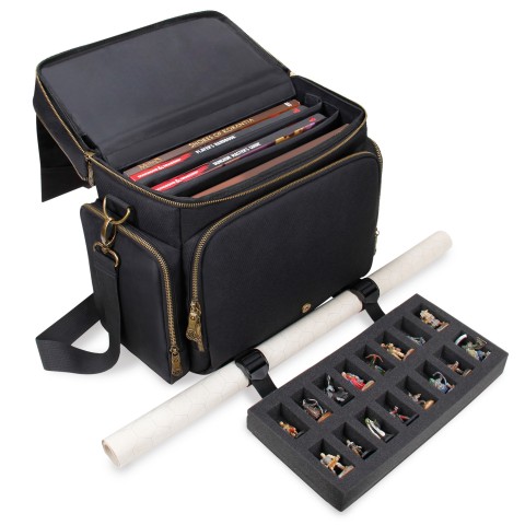 ENHANCE Tabletop DnD Bag with Minis Storage, Mat Holder, Fits 4-8 Books (Black) - Black