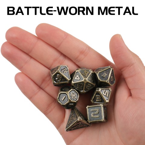 ENHANCE DnD Metal Dice Set - 7pc Polyhedral Dice with Storage Case and Dice Bag - Ancient Bronze