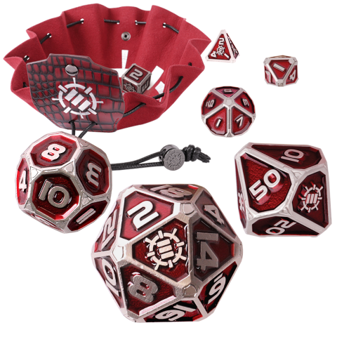 ENHANCE DnD 7pc Metal Dice with 2-in-1 Dice Bag/Tray (Collector Edition Red) - Dragon Red