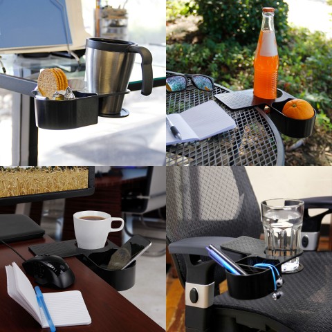 ENHANCE Desk Clip On Cup Holder with Storage Stray - Holds Phones, Snacks & More - Black