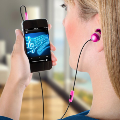 GOgroove AudiOHM HF Earphones Headphones w/ Hands-Free Microphone (Neon Pink) - Pink