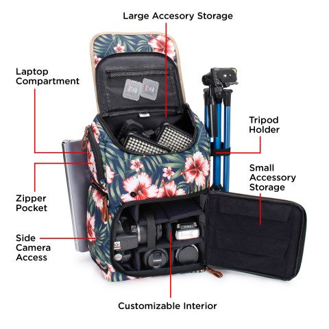Professional DSLR Camera Backpack Case for Photography and Laptop Travel Use - Tropical