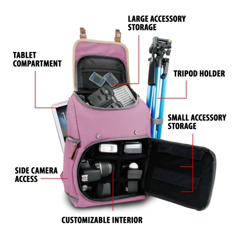 GOgroove Digital SLR Camera Backpack with Tablet and Accessory Compartments - Pink