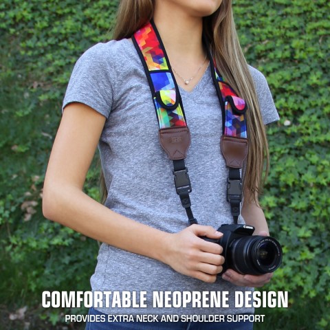 Adjustable Camera Strap w/ Cushioned Neoprene & Storage Pockets - Geometric