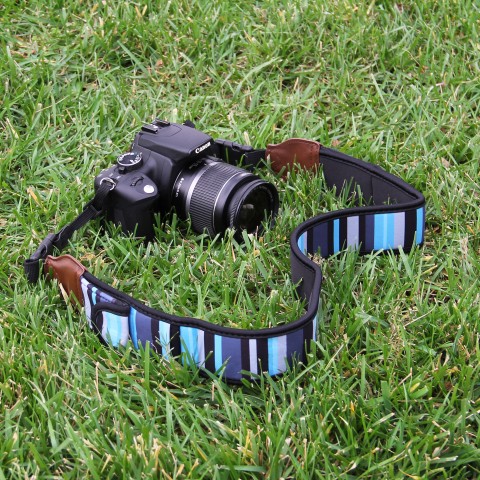 Adjustable Camera Strap w/ Cushioned Neoprene & Storage Pockets - Stripe Blue