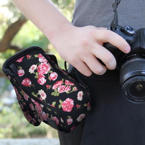 DSLR Camera Case Sleeve AND Camera Strap with Floral Neoprene Design by USA Gear - Floral