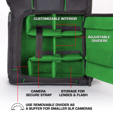 Digital SLR Camera Backpack with Laptop Compartment , Rain Cover , Lens Storage - Green