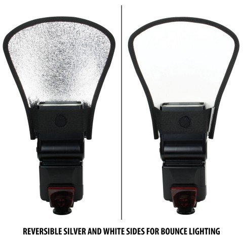 Double Sided Flash Bounce Diffuser with Elastic Strap and White/Silver Reflector - Black