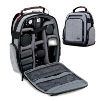 Camera Backpack w/ Customizable Accessory Dividers and Weather Resistant Bottom - Grey