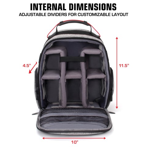 Camera Backpack w/ Customizable Accessory Dividers and Weather Resistant Bottom - Grey
