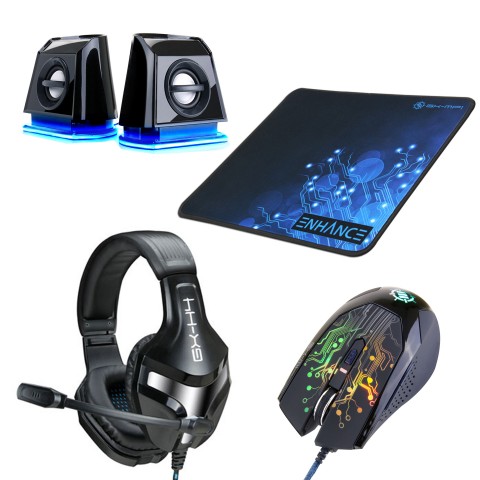 PC Gaming LED 2.0 Computer Speakers, 3500 DPI Optical Gaming Mouse, Extended Gaming Mouse Pad, and Plush Padded Stereo Gaming Headset - Computer Gaming Accessory Bundle by ENHANCE