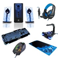 PC Gaming LED Computer Speakers with Subwoofer, LED Gaming Keyboard, 3500 DPI Optical Gaming Mouse, Gaming Headset , Extended Mouse Pad and Cable Management Bungee - Computer Gaming Bundle by ENHANCE