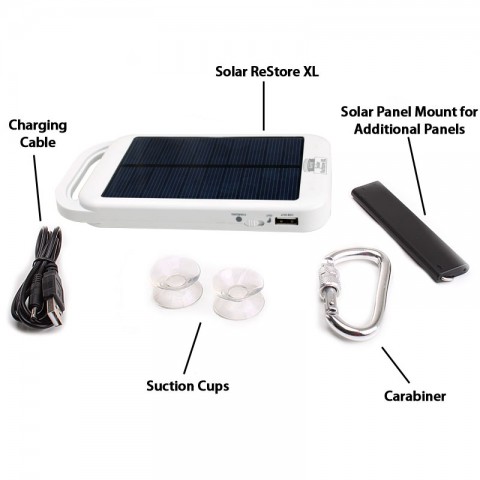 Solar Charger & 4000mAh Power Bank with USB Cable , Carabiner & Suction Mounts - White