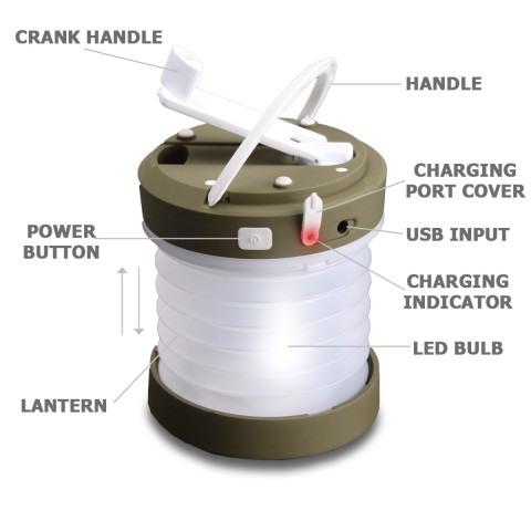 Collapsible LED Lantern and Flashlight with Hand Crank and USB Charging - Green