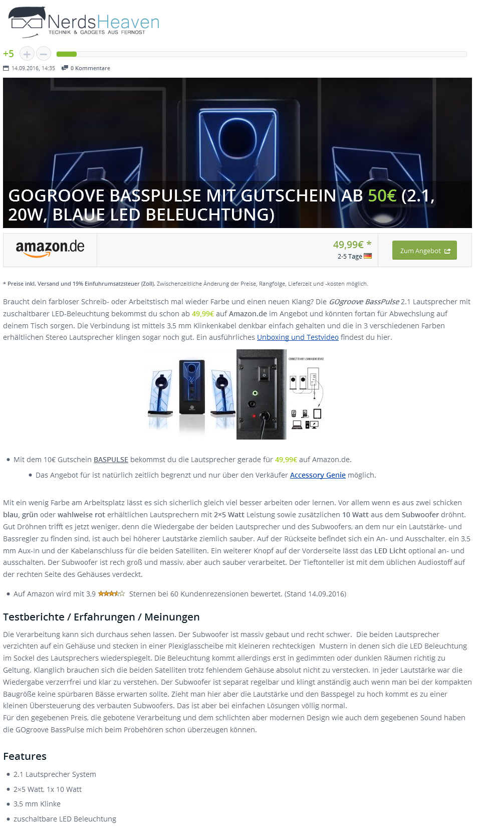 GOGROOVE BASSPULSE MIT GUTSCHEIN AB 50€ (2.1, 20W, BLAUE LED BELEUCHTUNG